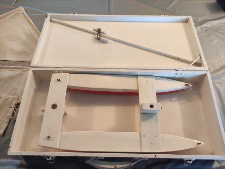 HANDMADE VINTAGE WOODEN SAILING BOAT / CATAMARAN WITH CARRYING CASE VERY GOOD CONDITION