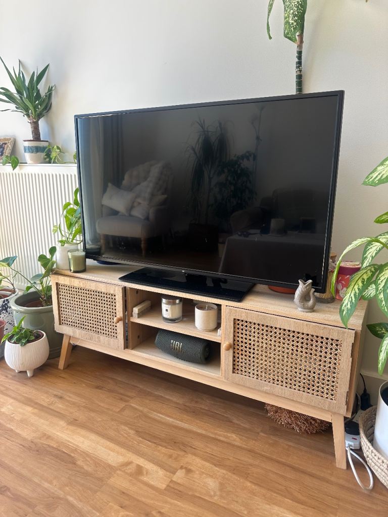 Wooden TV stand with Rattan detail doors