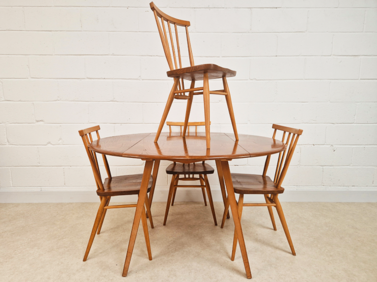 Ercol Vintage Mid Century Solid Elm Drop Leaf Table and Stickback Chair Dining Set PG023