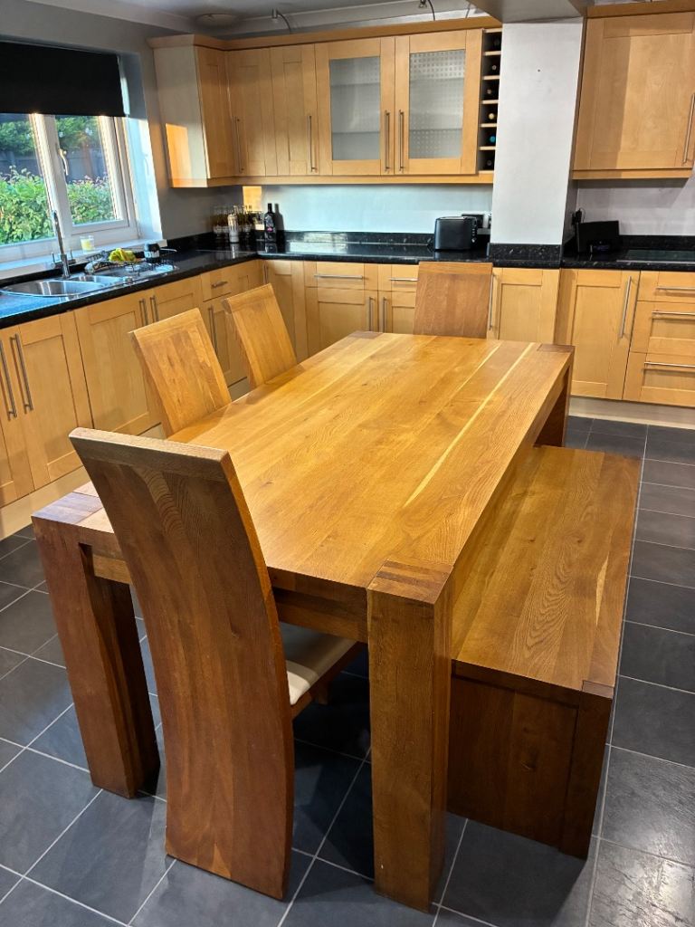 Solid Oak Dining Table Set with Bench and 4 Chairs