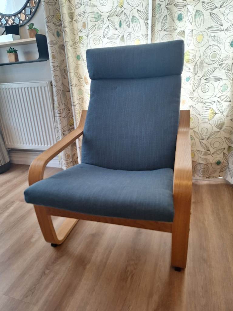 image for IKEA Poang chair in oak veneer with Hillard dark blue cushion 
