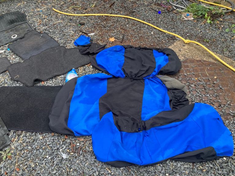 Car Seat Covers and Floor Mats - Blue and Black, Fair Condition