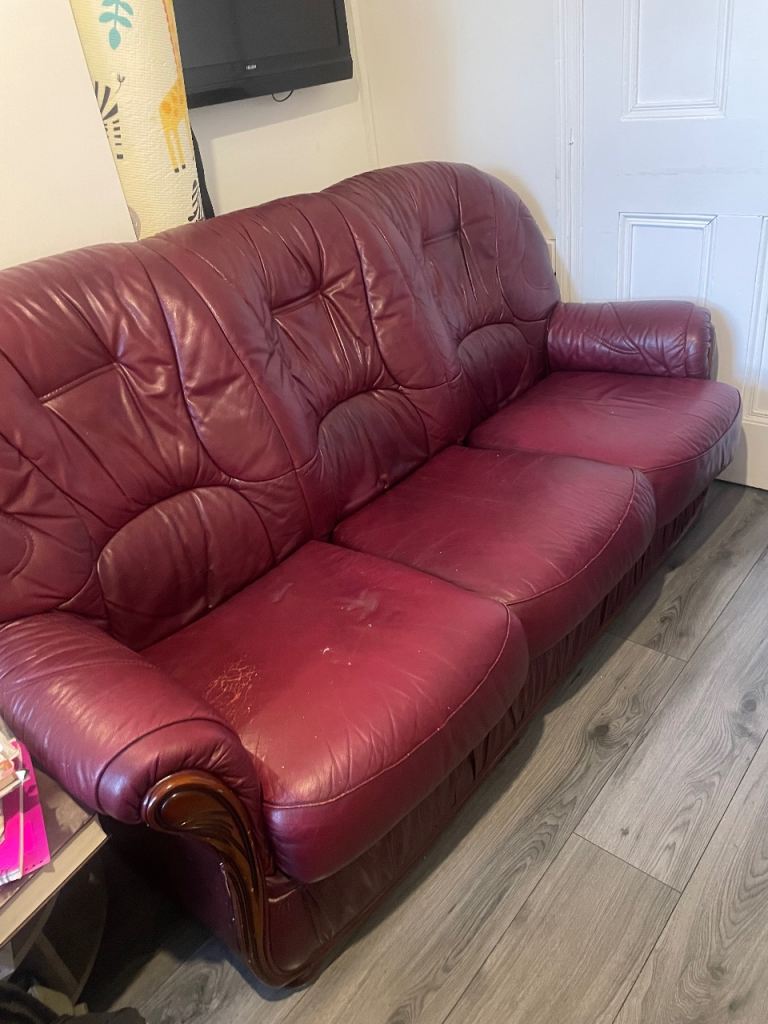 Maroon burgundy 3 piece sofa set with one three seater and two armchairs 