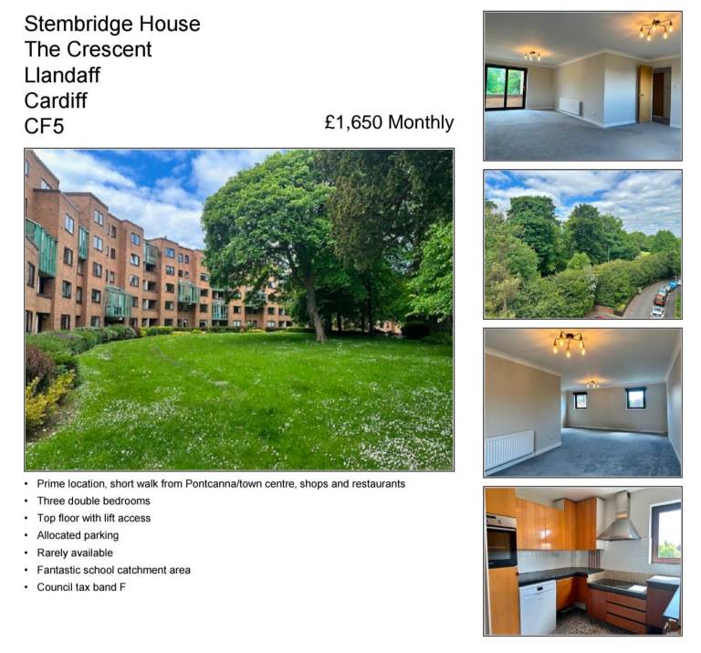 3 Double Bed Apartment – Llandaff/Pontcanna – Parking – Available 1st Nov