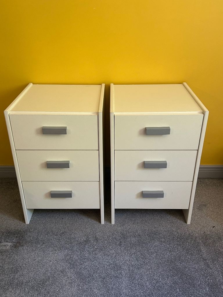 Pair of white Bedside Tables with 3 Drawers – Good Condition