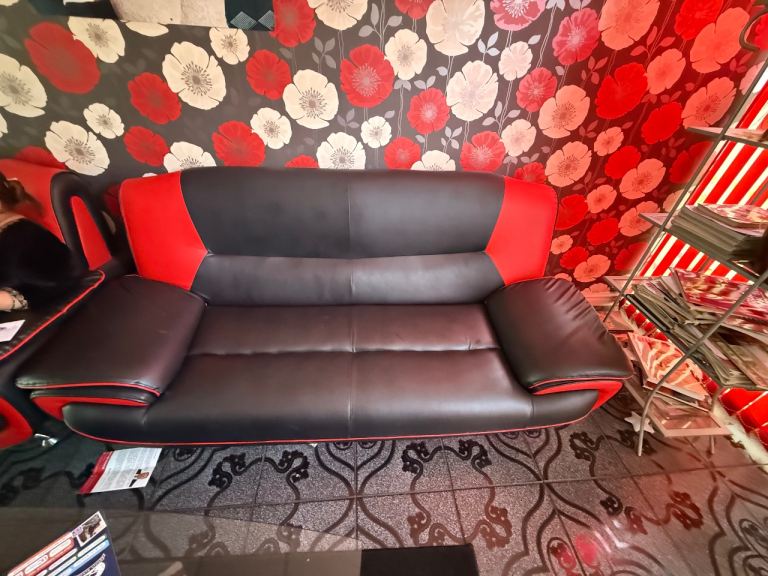 2 Seater Black and Red Faux Leather Sofa – Good Condition