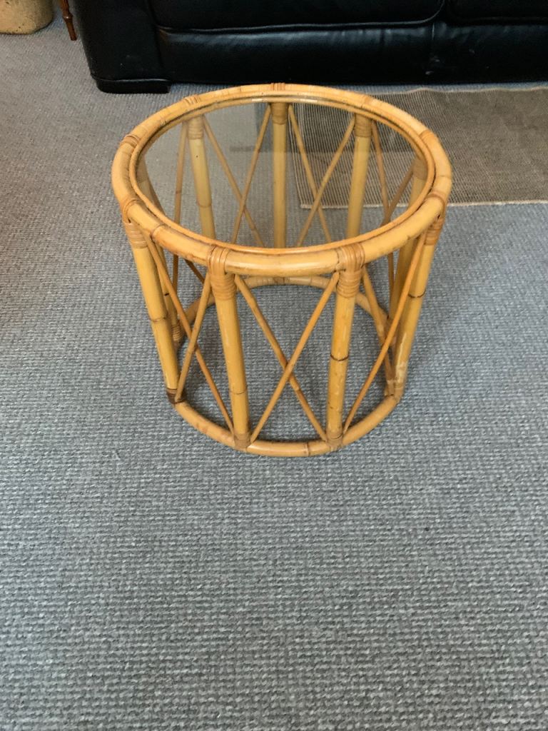 Bamboo round coffee table with glass top 
