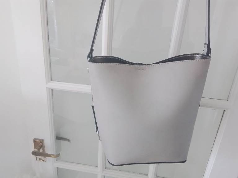 Shoulder Strap Bucket Bag in Soft Grey with Black Trim