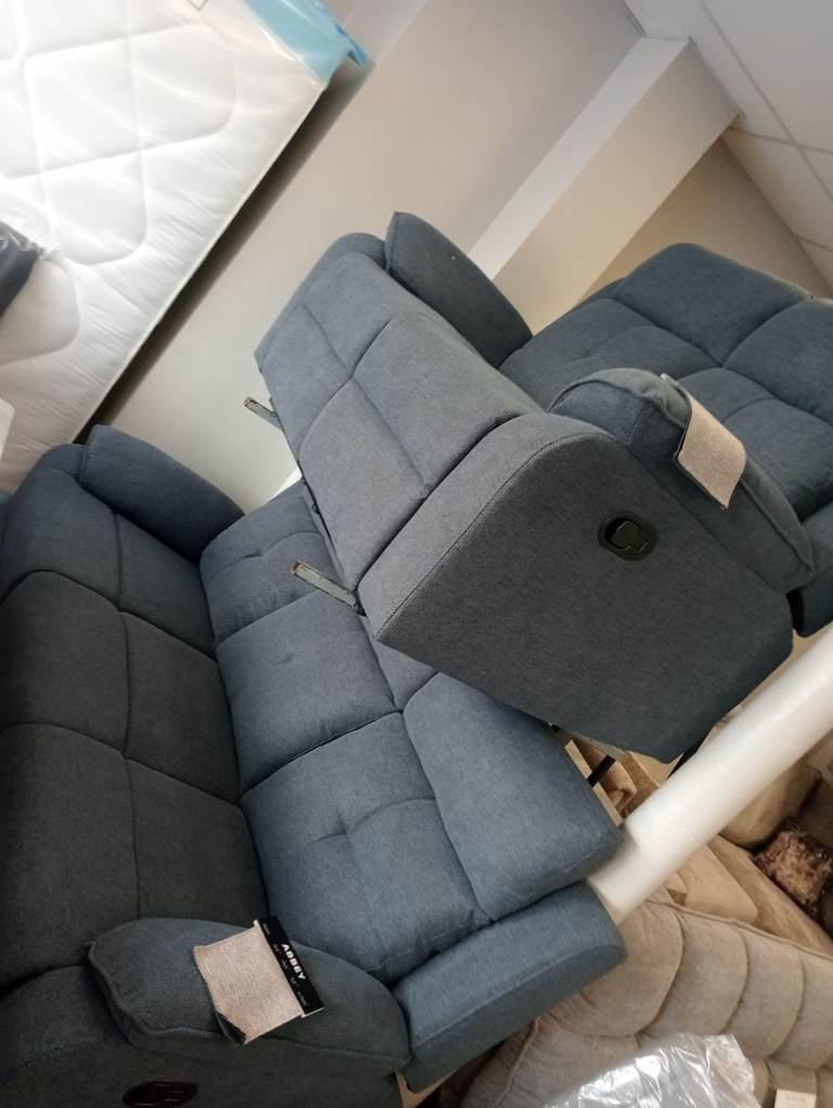 Abbey Blue Fabric Recliner Sofa Set – Brand New