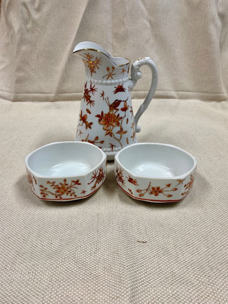 Vintage Chinese Porcelain Jug & Bowls Set Orange Floral Gilt C.G Marked
