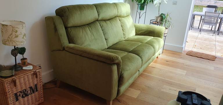 2 x 3 Seater Green Velvet Sofas with Power Reclining (on one only)