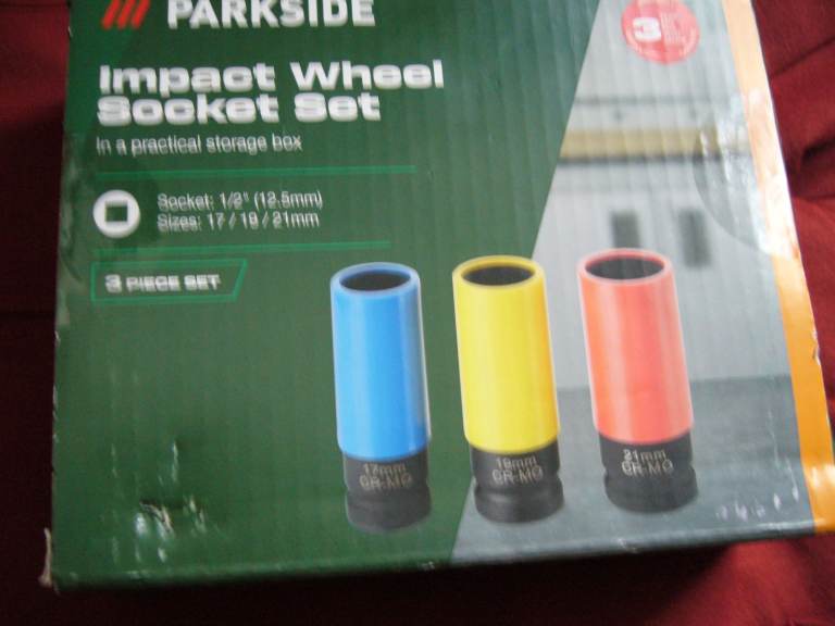 Parkside Impact Wheel Nut Socket 3-Piece Set – ½" Drive, Colour-Coded With Case. NEW IN BOX