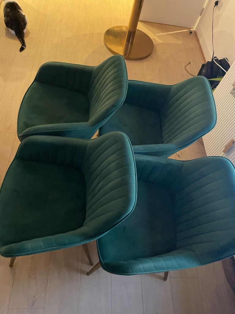 Set of 4 Green and gold Velvet Dining Chairs – Good Condition