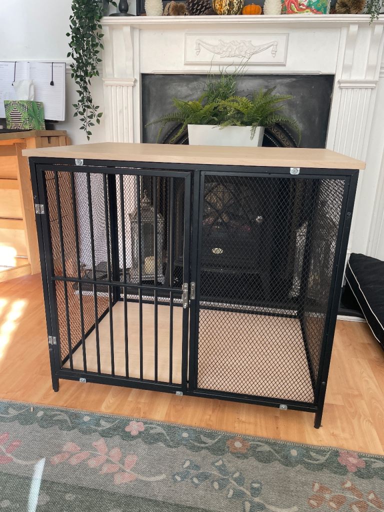 Furniture-Style Dog Crate with Wood-Effect Top – Black Metal