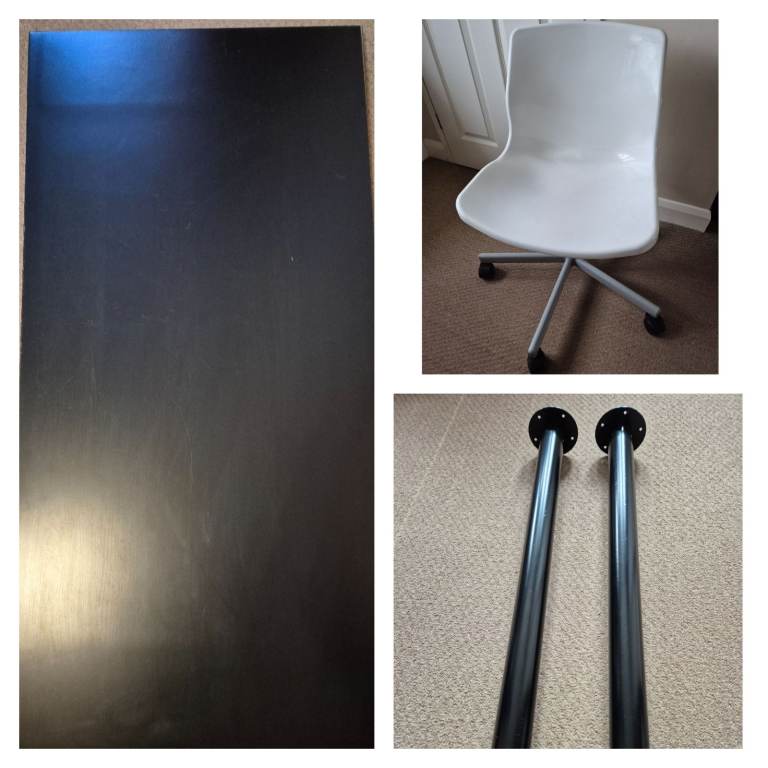 IKEA table top in black ash 120cm x 60cm, 2 legs & a chair