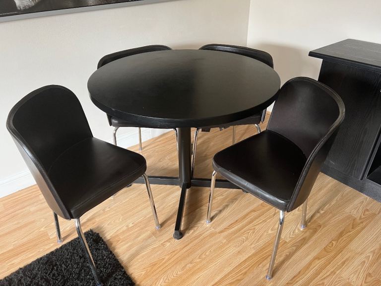 Black Round Dining Table with 4 Chairs – Good Condition