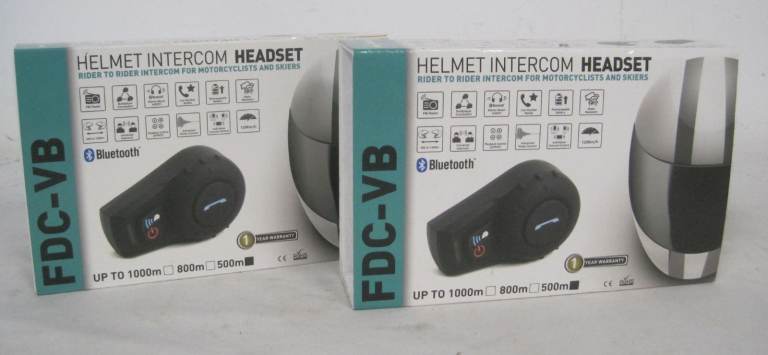 Pair (2) Helmet Intercom Headsets Bluetooth connectivity - Model FDC-VB in Boxes