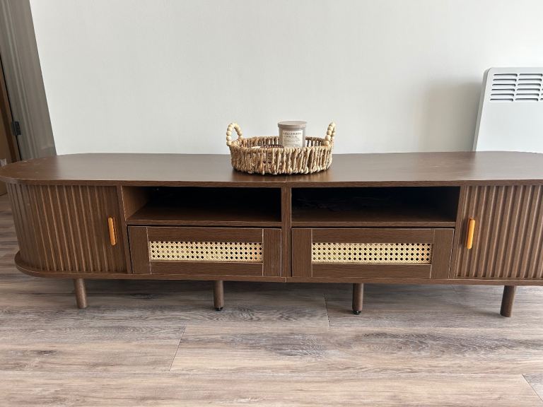 BTM TV Stand with 2 Rattan Drawers And 2 Sliding Doors, 170X40X40cm, Dark Oak