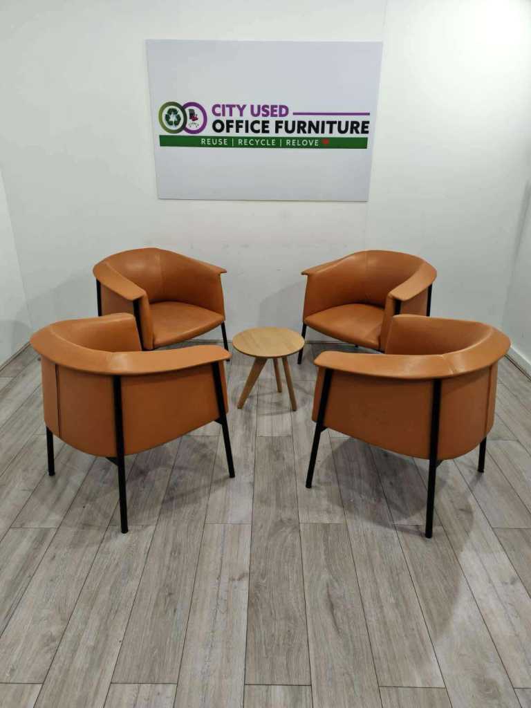 4 x Tub Chairs, Real Tan Leather, Black Metal Frame