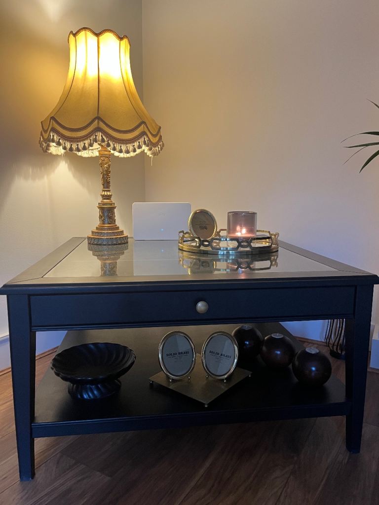 Solid Black Coffee Table with Glass Top and Storage