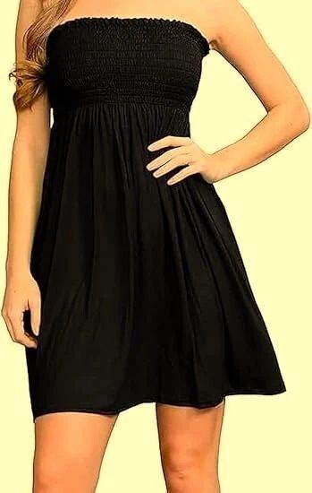 image for Black Strapless Shirred Boob Tube Bandeau Gathers Top Summer Short Dress. Size 16.POST OR COLLECT!