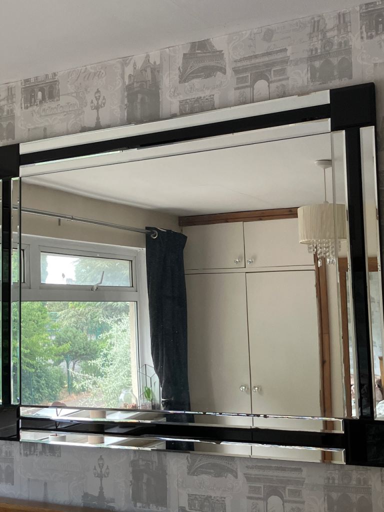 Large Black Art Deco Style Wall Mirror, Good Condition