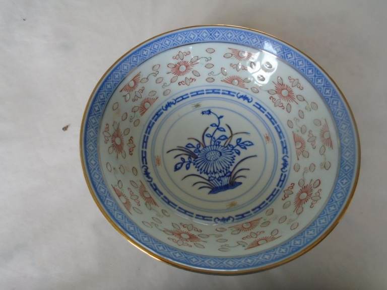 Chinese porcelain blue/white soup/rice dish bowls food x 6, 8" across, translucent blue daisy