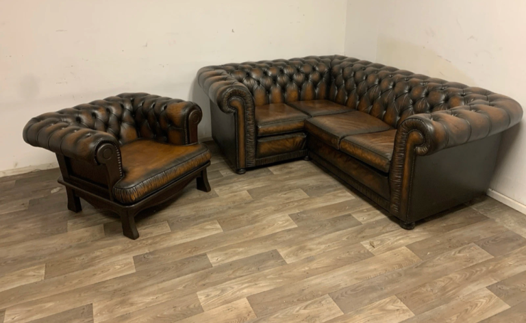 Brown Leather Chesterfield Corner Sofa with Matching Armchair