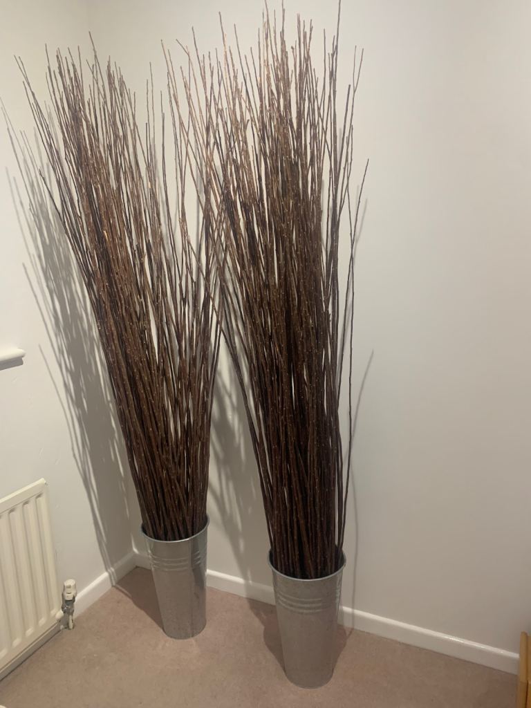 2 ornamental home decor sets of twigs in silver buckets