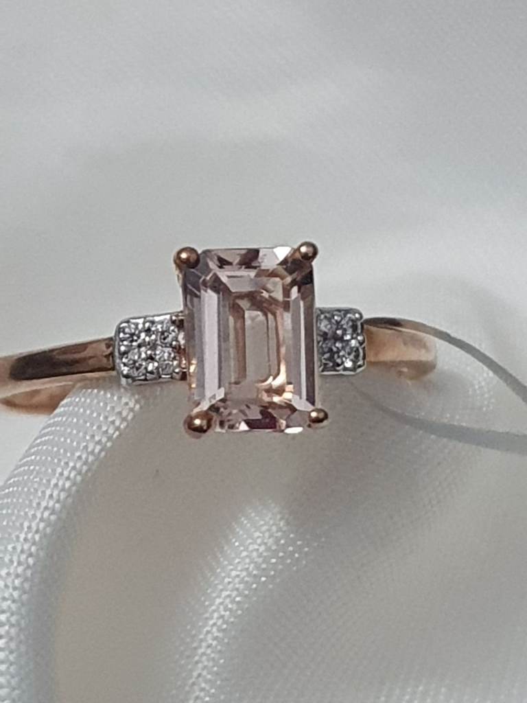 9Ct AA Morganite 7x5 Rose Gold Ring Size L Octagon Moissanite NEW