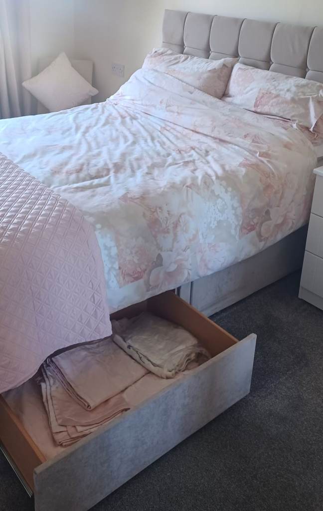 Double Bed with Headboard and Under-Bed Storage – Grey, Good Condition