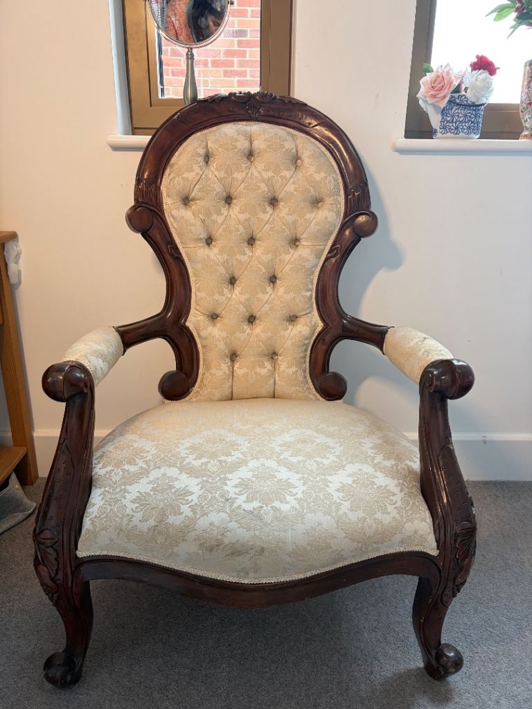 Antique Carved Wooden Armchair – Cream Upholstery
