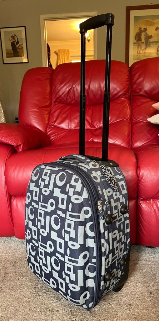 image for Blue Geometric Patterned Expanding Pull Along Suitcase VGC