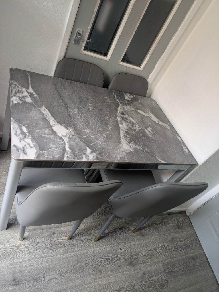 Modern Grey Marble Effect Dining Table and 4 Chairs – As Good As New
