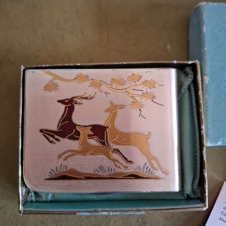 Boxed unused vintage with original papers and case Elgin American powder compact mirror