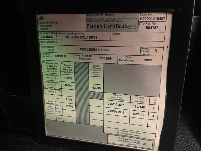 MERCEDES ACTROS MP3 1860 V8 EURO 5 4X2, 18 TONNE DRAWBAR SPEC REMOVAL BOX 