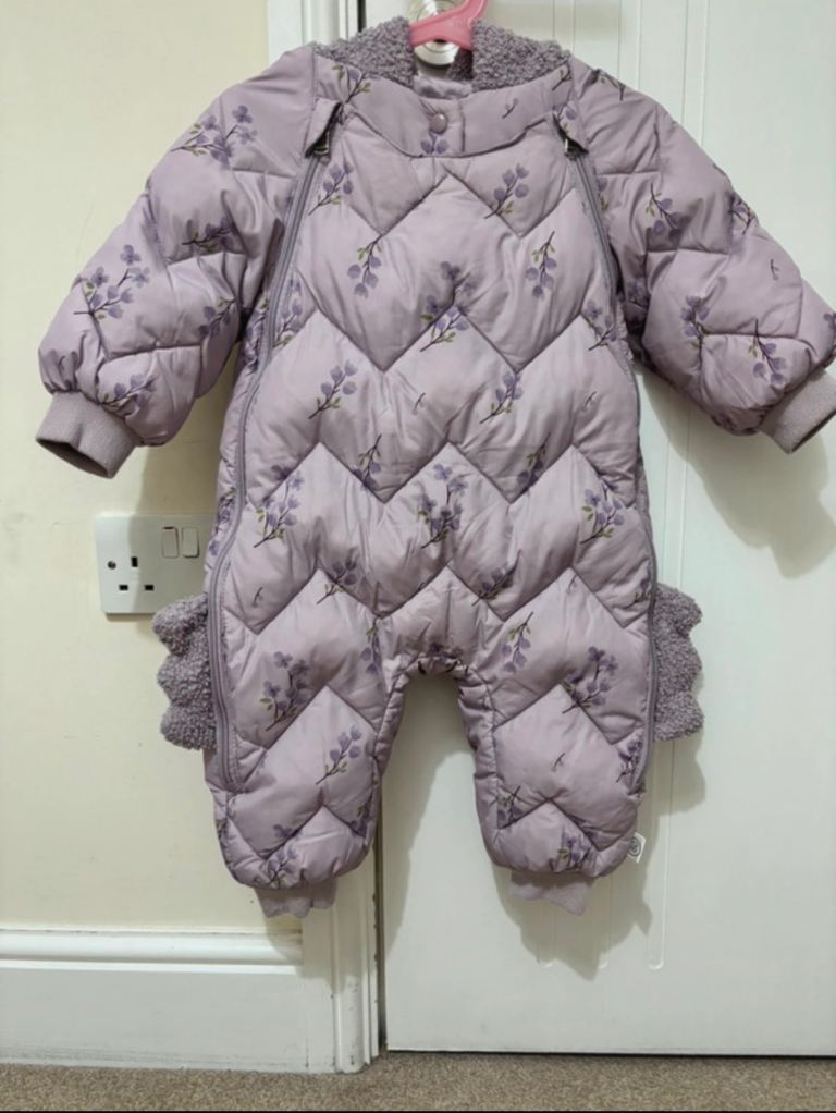 Baby Padded Snowsuit - Purple Floral Print, Good Condition