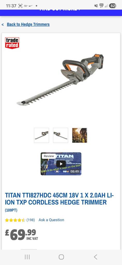 Titan TTI827HDC 18V Cordless 450mm Hedge trimmer