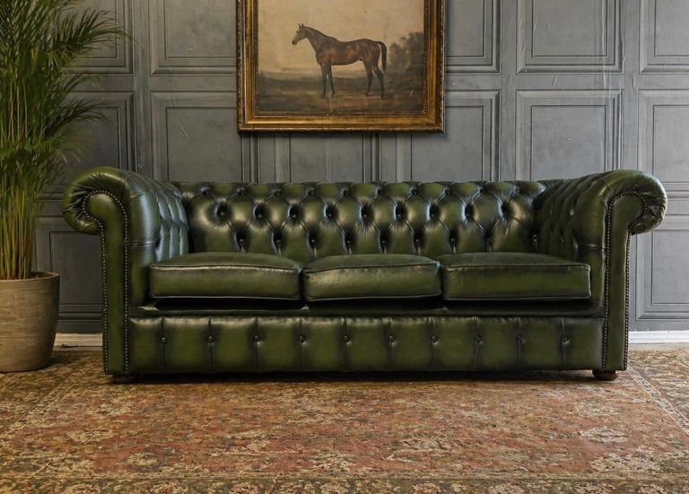 Vintage Antique Style Chesterfield Deep Button Emerald Green Leather 3 Seater Sofa Couch