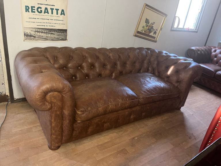 Chesterfield sofa tan leather three seater