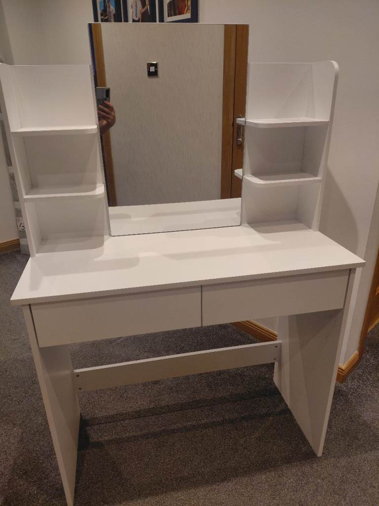 White Dressing Table with Mirror and Shelves