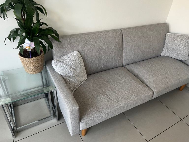 Grey Fabric Sofa Bed with Wooden Legs – Good Condition