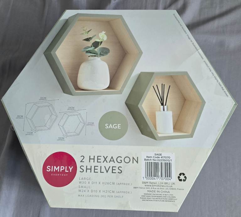 Essentials 2 Hexagon Shelves – Sage Green, New in Box