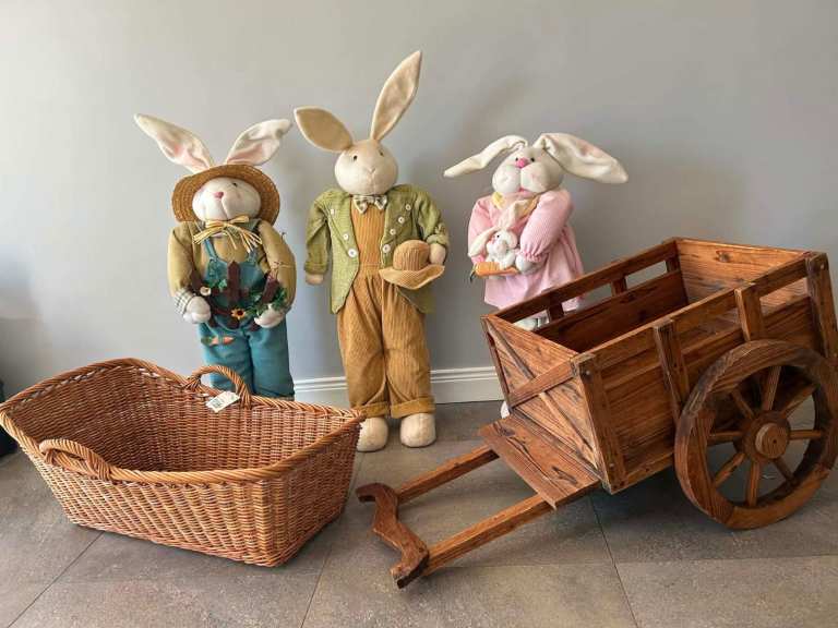 Large Easter Bunny Figurines and Wooden Cart – Good Condition