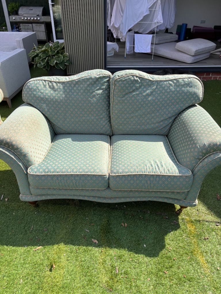 2x Two & Three -Seater Fabric Sofa – Green Pattern, Fair Condition