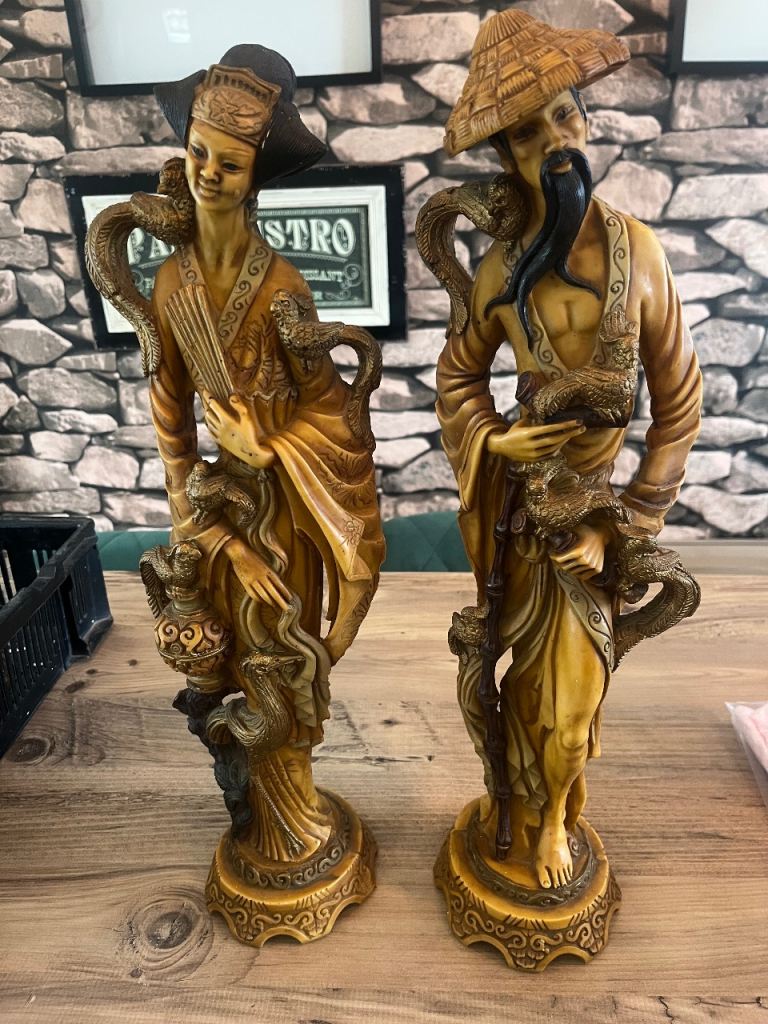 Vintage Oriental Figurines Pair Chinese Man & Woman Statues Resin Decorative Figures 55cm