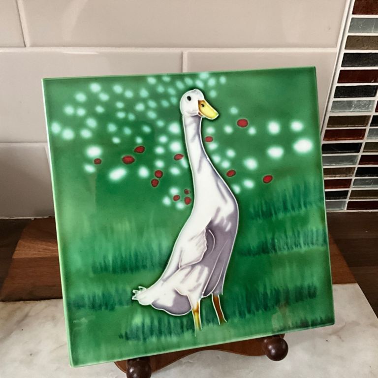 Beautiful Large Tubelined Wall Hanging Ceramic Tile Plaque of a goose 20cm sq.