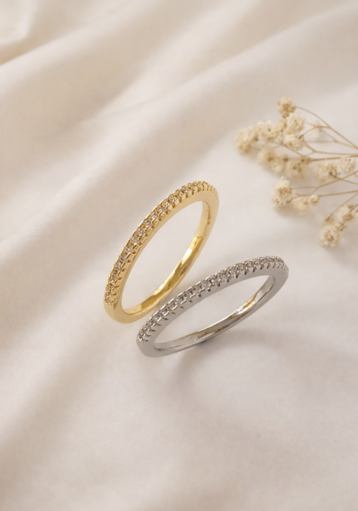 14K Gold or Silver Plated Dainty Pave CZ Band Ring Stackable Gift for Her Trendy
