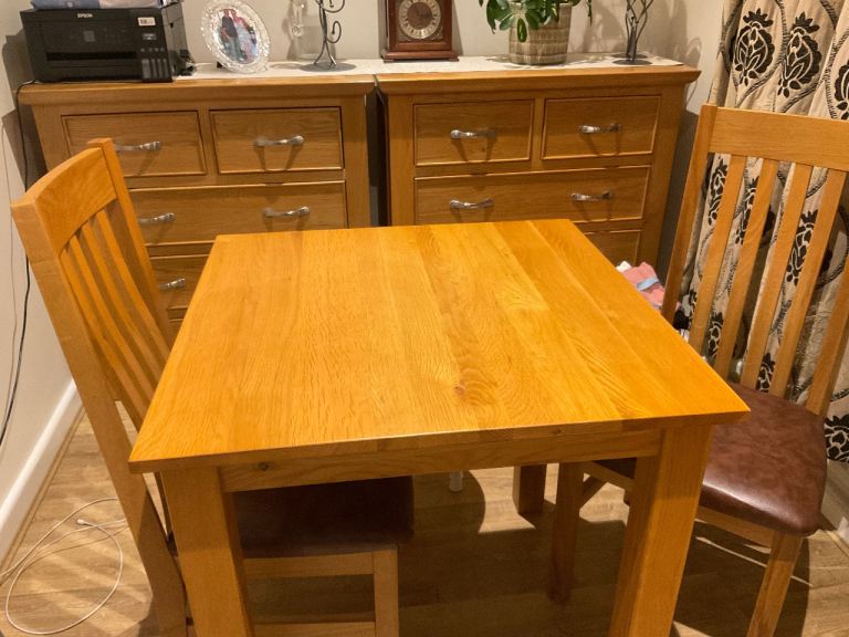 Square Solid Oak Dining Table and 2 Chairs