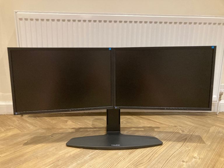 Duel/double widescreen computer monitor setup of two 22 inch monitors on an adjustable stand